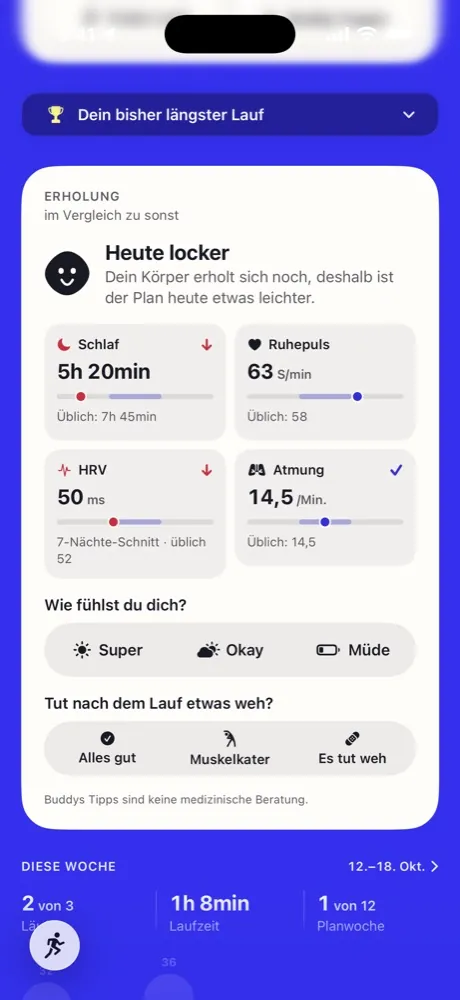Die heutige Erholungskarte in Running Buddy