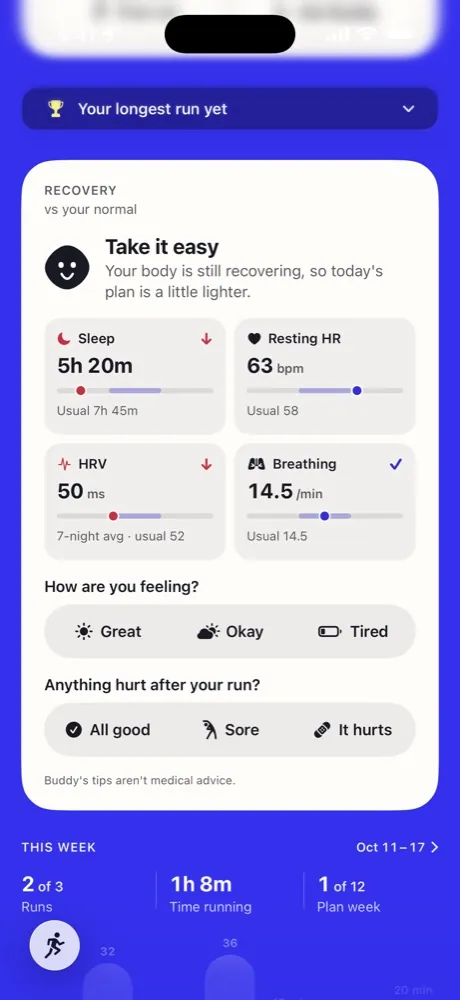 Today's recovery card in Running Buddy