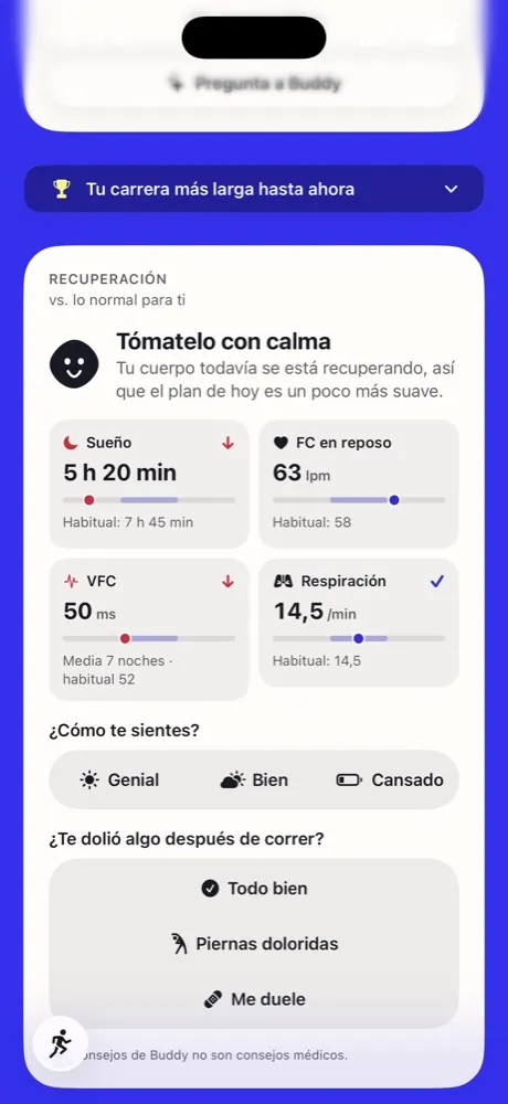 La tarjeta de recuperación de hoy en Running Buddy