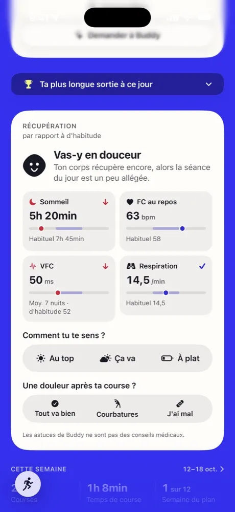 La carte de récupération du jour dans Running Buddy