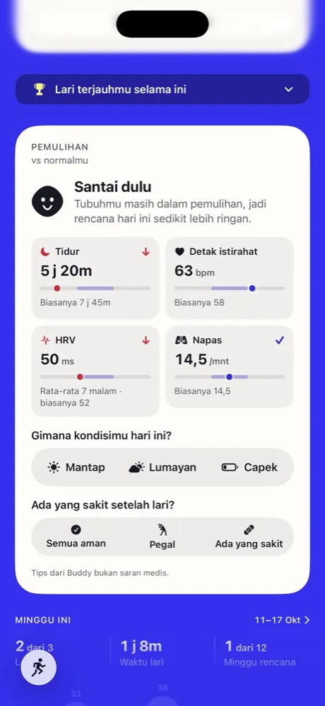 Kartu pemulihan hari ini di Running Buddy