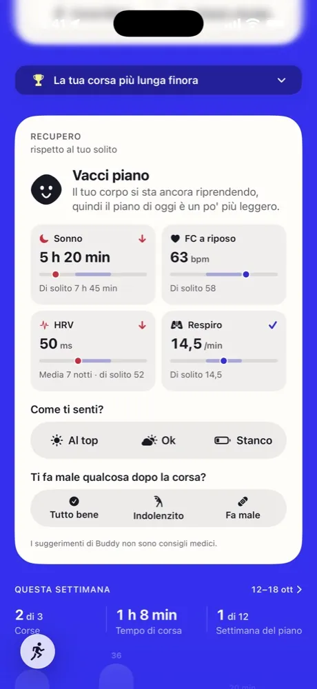 La scheda del recupero di oggi in Running Buddy