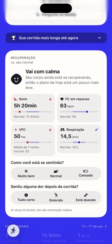 O card de recuperação de hoje no Running Buddy