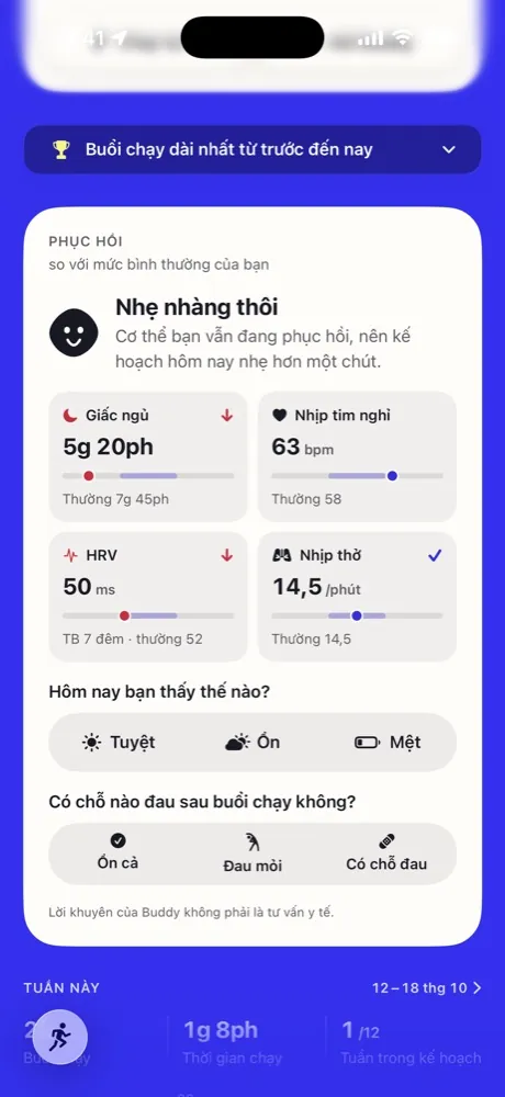 Thẻ phục hồi hôm nay trong Running Buddy